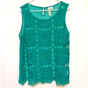 Adiva Green Crochet Lace Sheer Sleeveless Top Size L Boho Cottagecore Festival